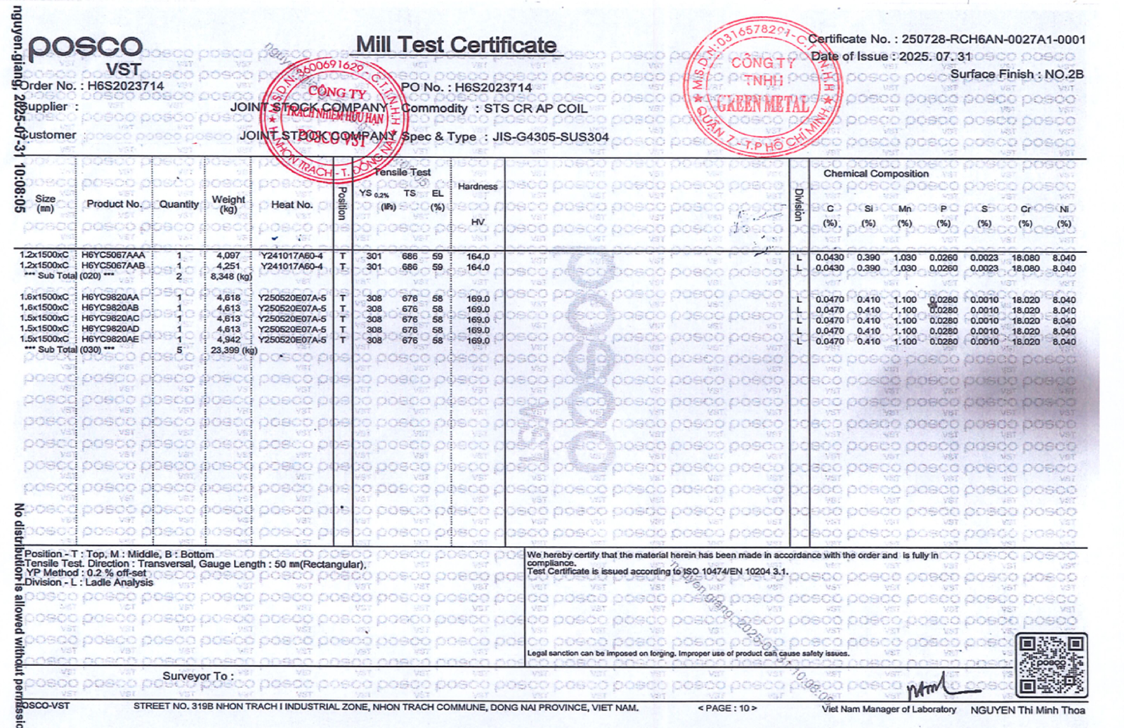 Certificate of Origin for raw materials